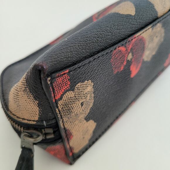 Coach Cosmetic Zip Case Coated Canvas Small Bag Zipper Black Red Floral Pouch - Picture 11 of 12